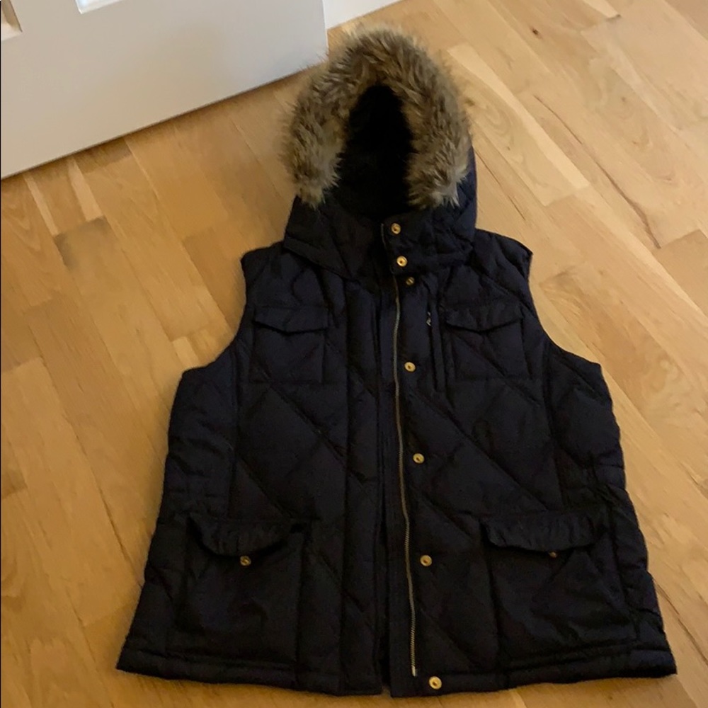 Lands end removable fur hood down black vest Warm